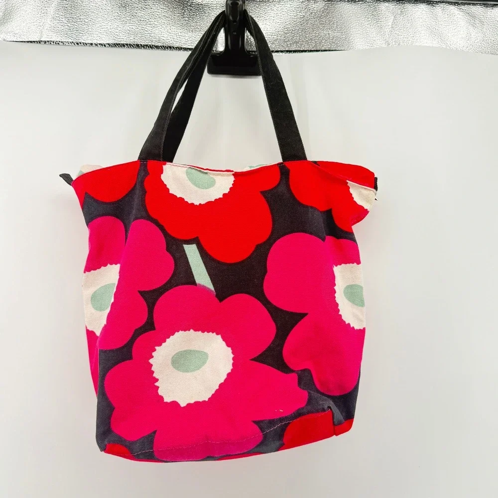 Marimekko Unikko Floral Tote Bag Womens Red Pink Canvas Zipper Shoulder Bag
